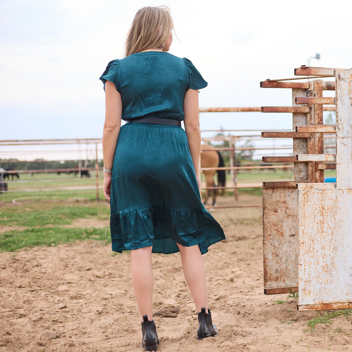 CRUSHED SATIN TEAL MIDI DRESS